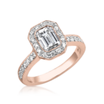 Emerald Cut Diamond in Bezel Setting with Halo in Rose Gold