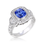 Antique Sapphire Ring with Moon Shape Side Diamonds & Pavé Detail